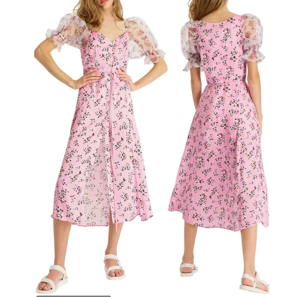French Connection Elitan River Chiffon Puff Sleeve Lavender Floral Dress Size 0